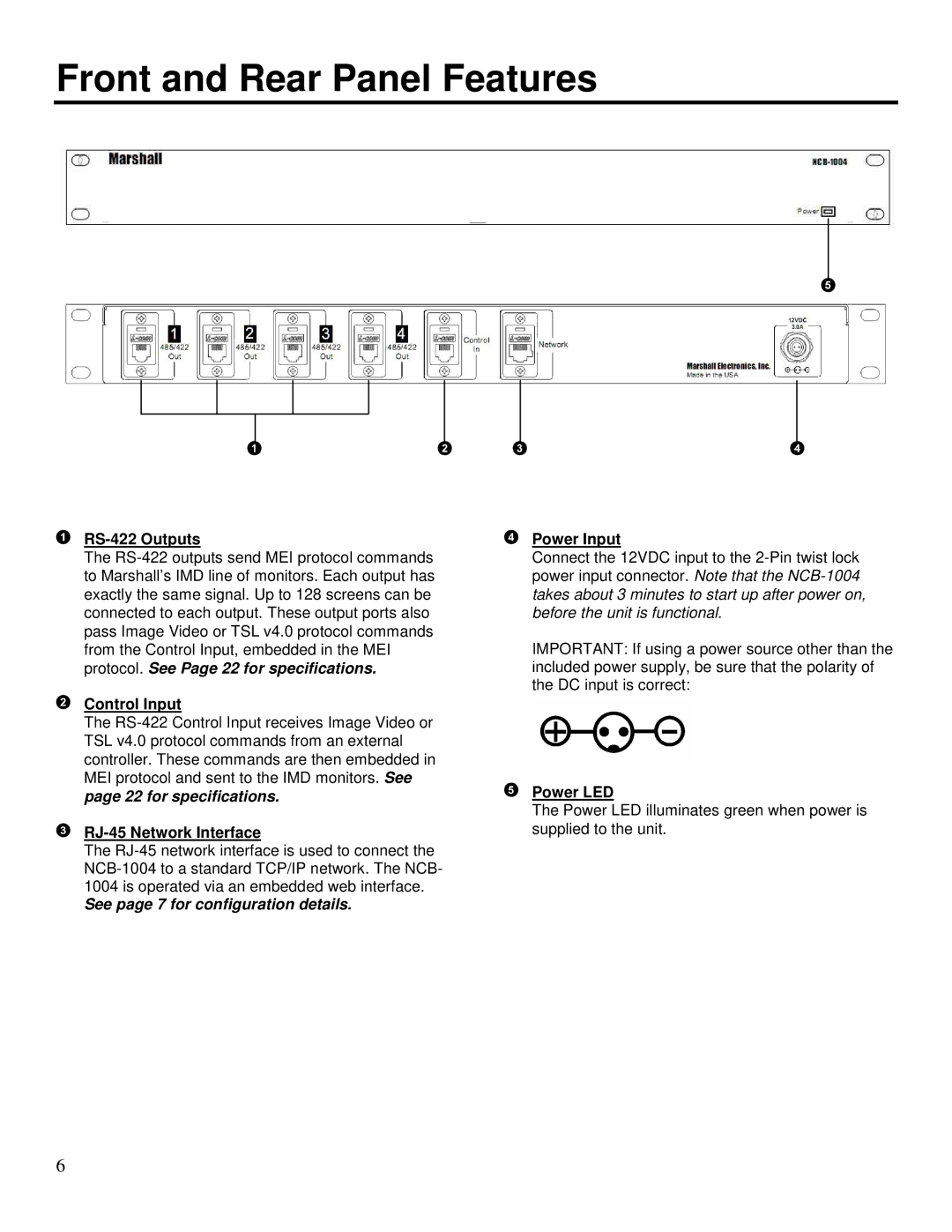 Marshall electronic NCB-1004 operating instructions Front and Rear Panel Features, RS-422 Outputs 