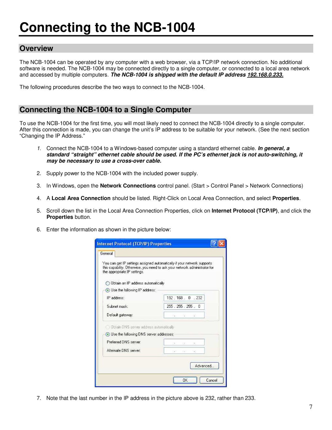 Marshall electronic Connecting to the NCB-1004, Overview, Connecting the NCB-1004 to a Single Computer 