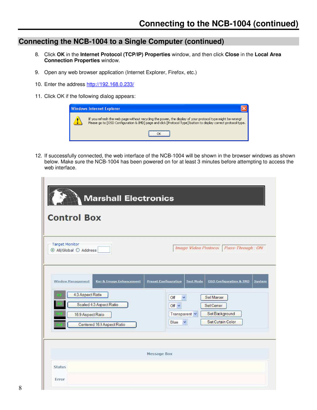 Marshall electronic operating instructions Connecting to the NCB-1004, Enter the address http//192.168.0.233 