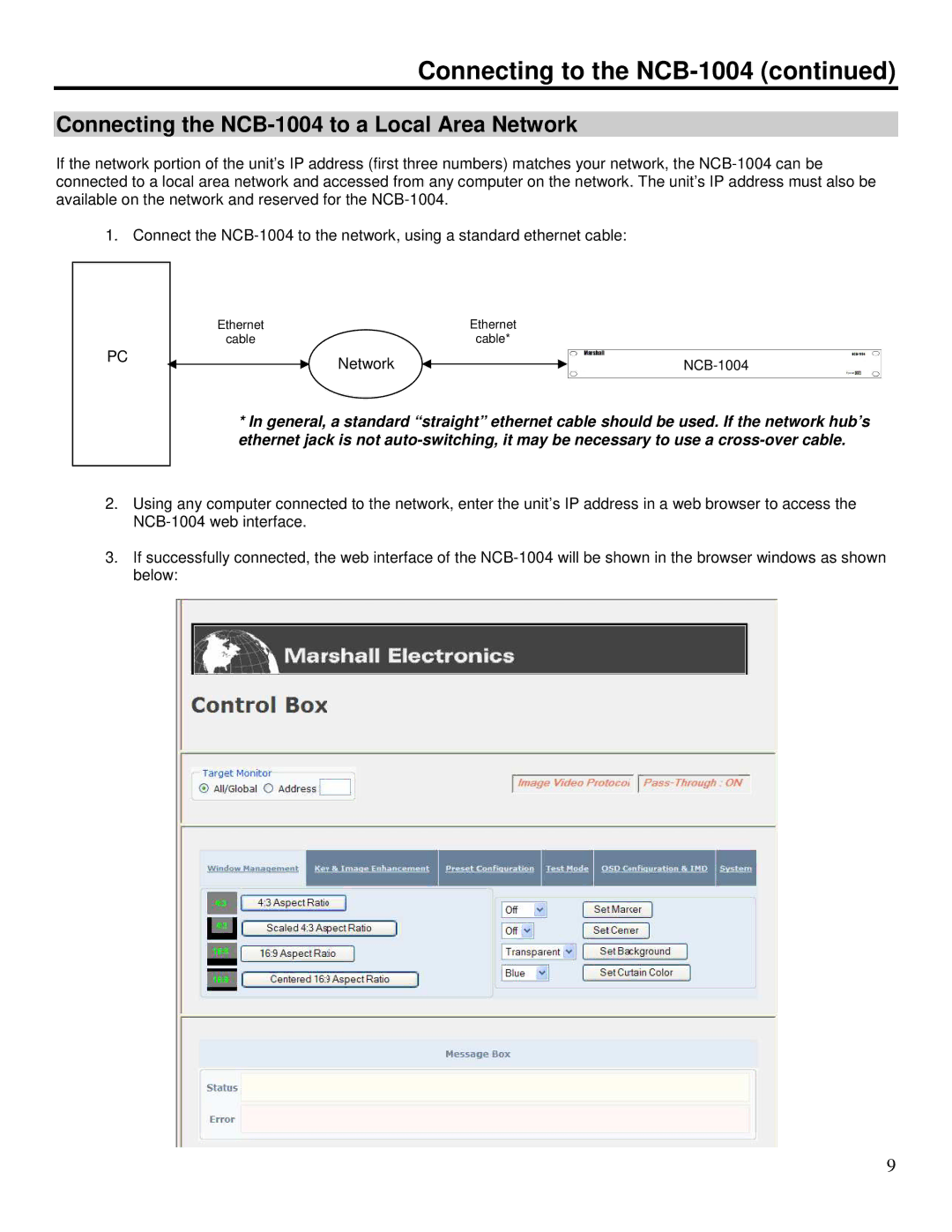 Marshall electronic operating instructions Connecting the NCB-1004 to a Local Area Network 