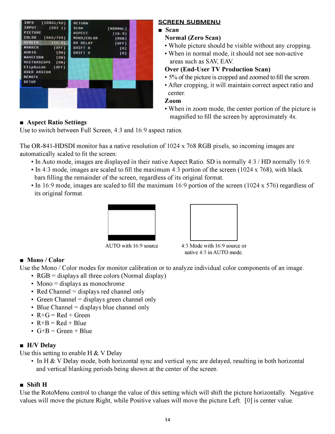 Marshall electronic OR-841-HDSDI operating instructions Aspect Ratio Settings, Mono / Color, Delay, Shift H 