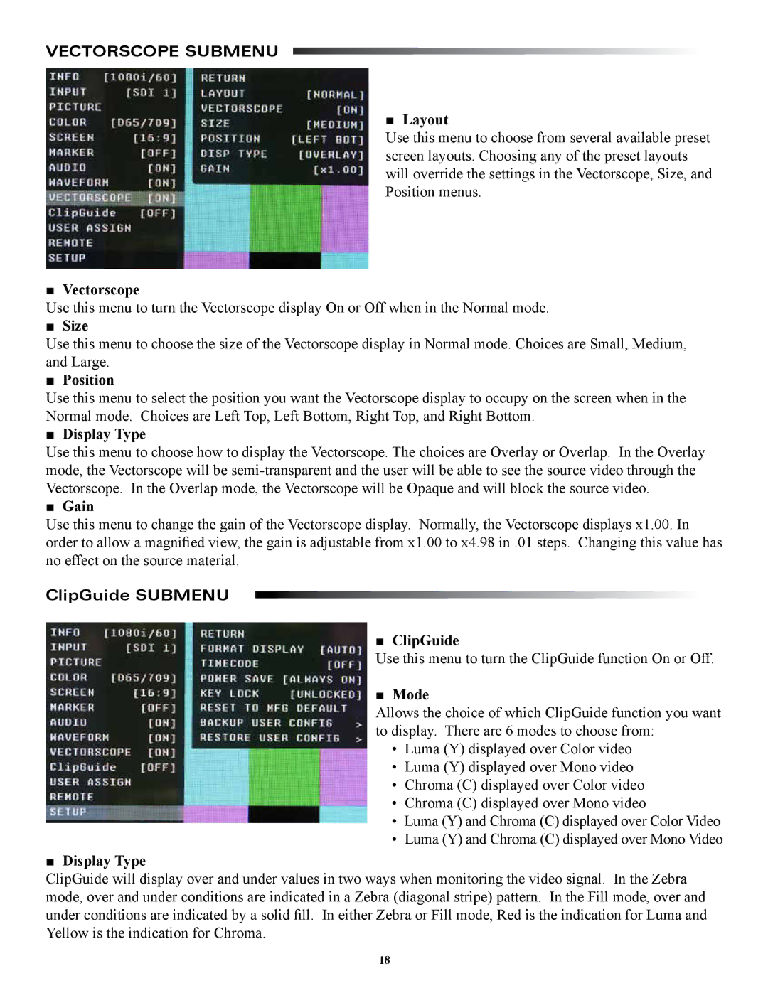 Marshall electronic OR-841-HDSDI operating instructions Vectorscope Submenu, Gain, ClipGuide Submenu, Mode 