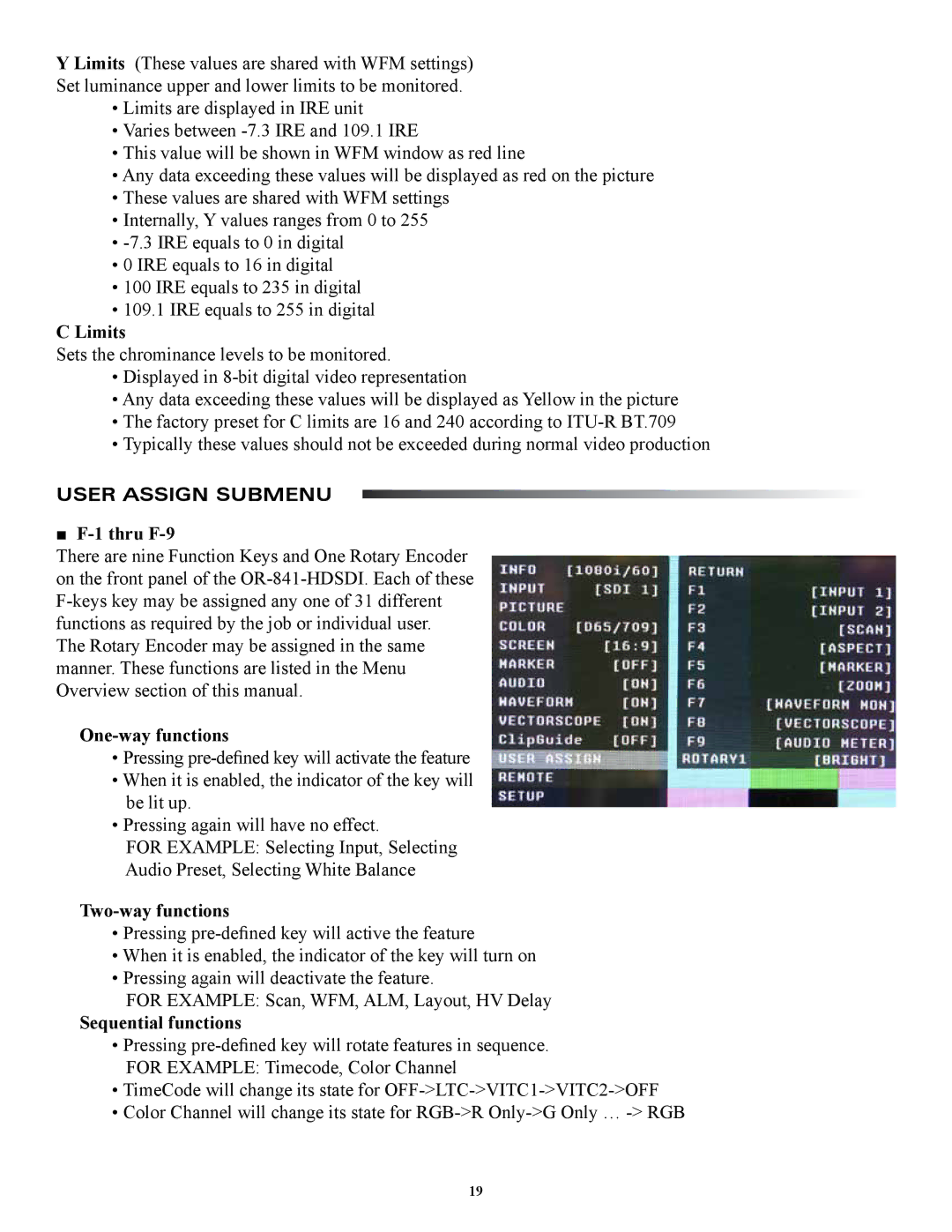 Marshall electronic OR-841-HDSDI User Assign Submenu, Thru F-9, One-way functions, Two-way functions, Sequential functions 