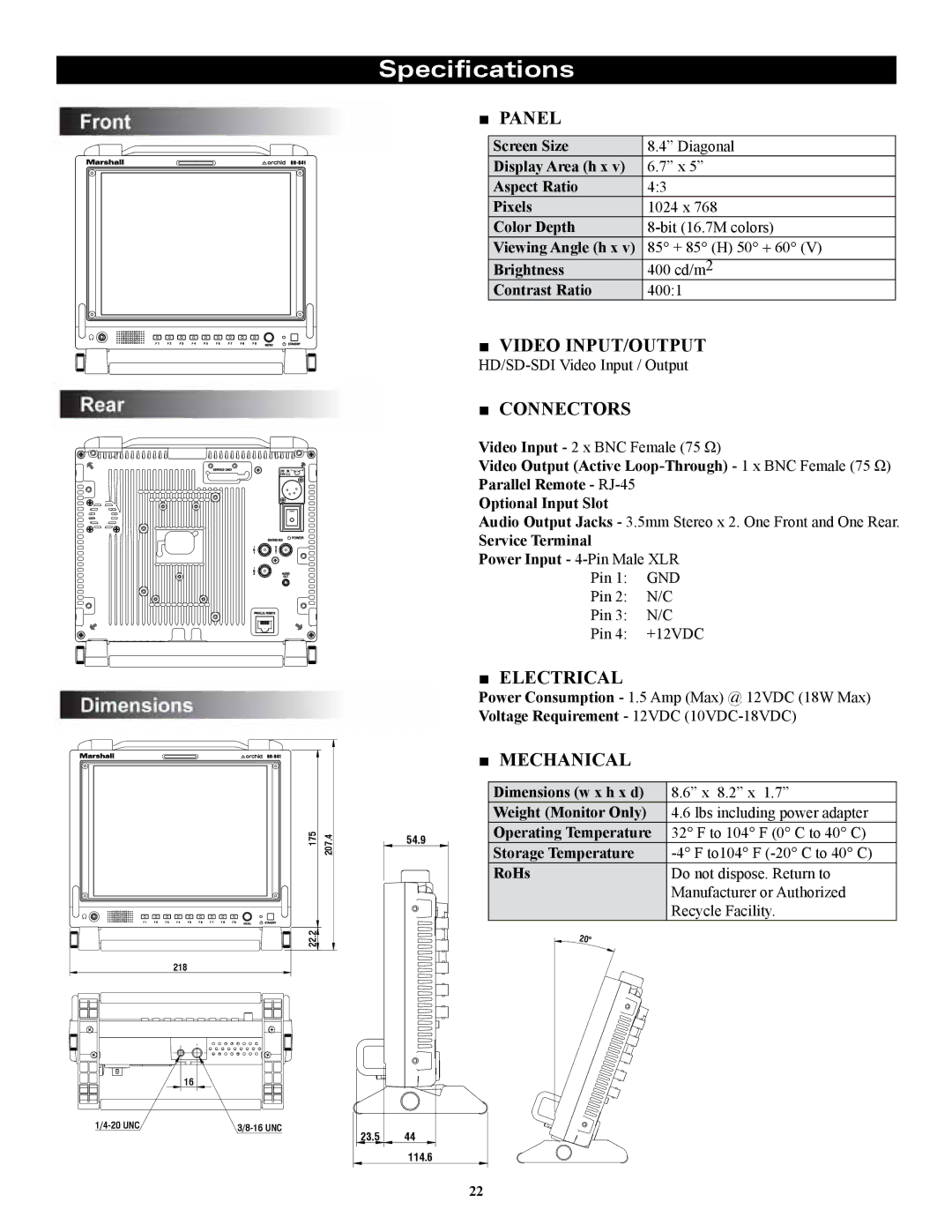 Marshall electronic OR-841-HDSDI operating instructions Specifications, Panel 