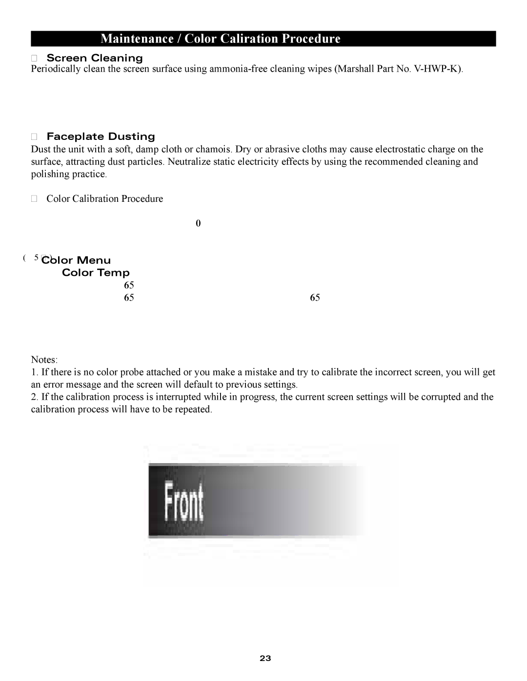 Marshall electronic OR-841-HDSDI Maintenance / Color Calibration Procedure, Screen Cleaning, Faceplate Dusting 