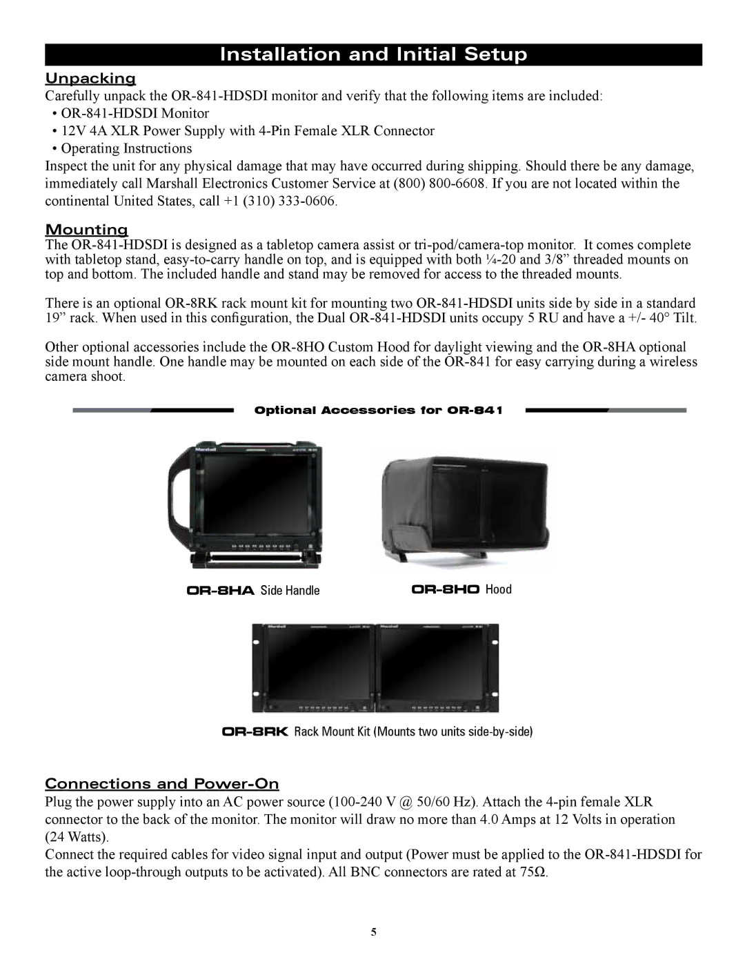 Marshall electronic OR-841-HDSDI Installation and Initial Setup, Unpacking, Mounting, Connections and Power-On 