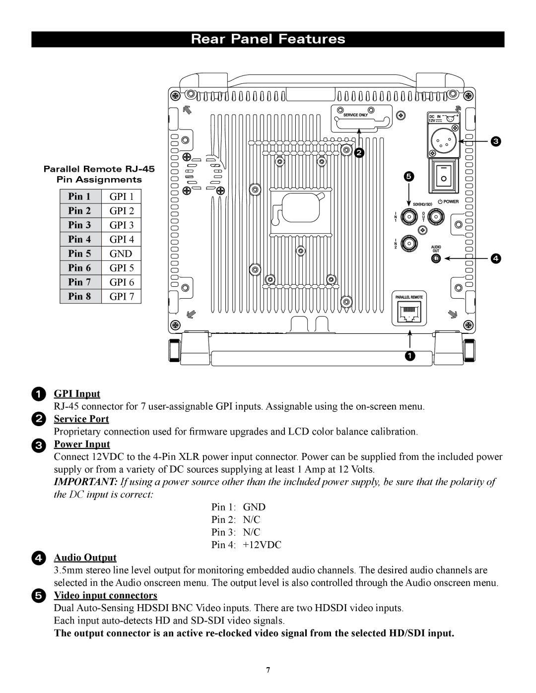 Marshall electronic OR-841-HDSDI operating instructions Rear Panel Features 