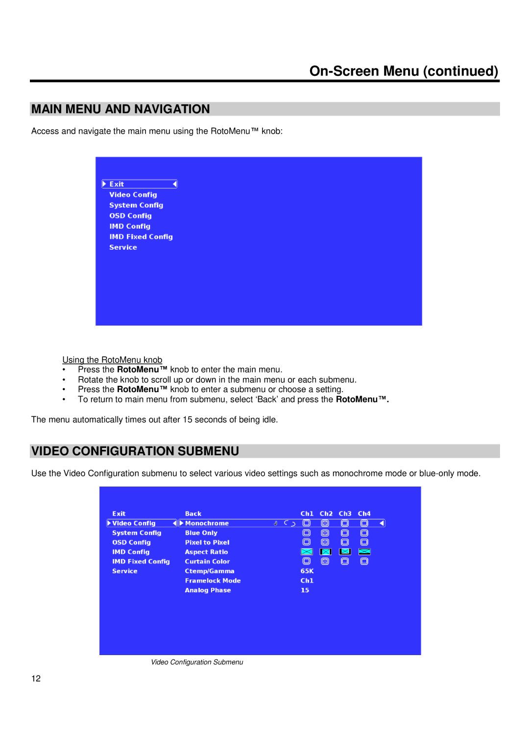 Marshall electronic QV171-HDSDI operating instructions Main Menu and Navigation, Video Configuration Submenu 