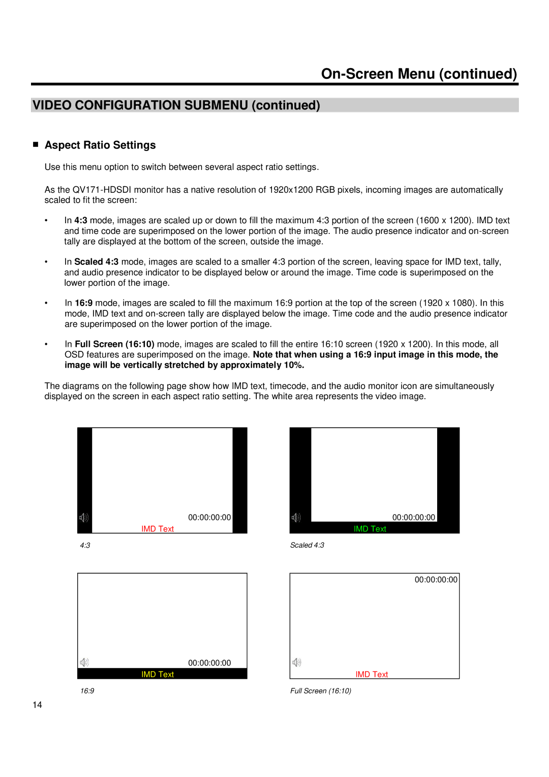 Marshall electronic QV171-HDSDI operating instructions Aspect Ratio Settings 