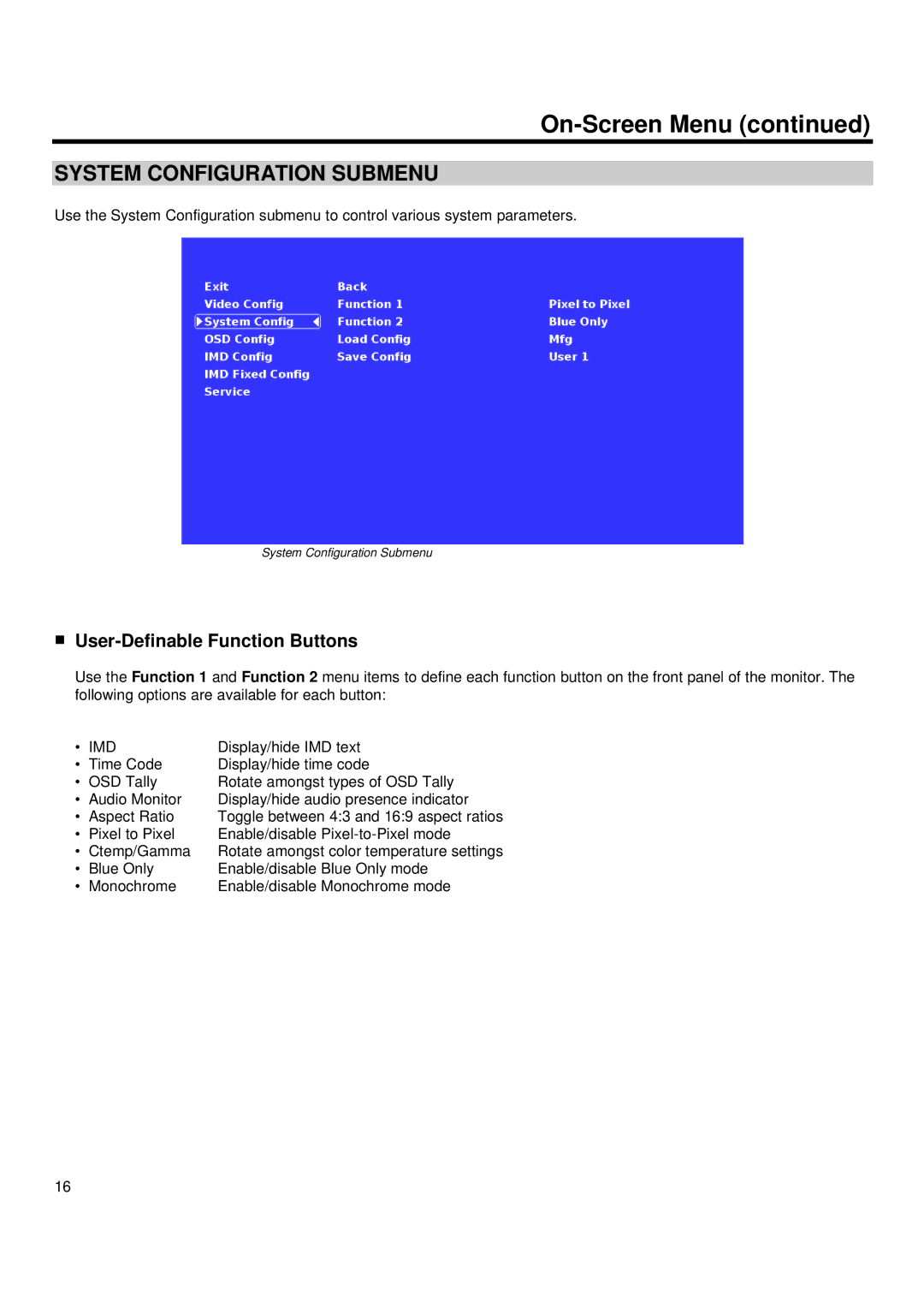 Marshall electronic QV171-HDSDI operating instructions System Configuration Submenu, User-Definable Function Buttons 