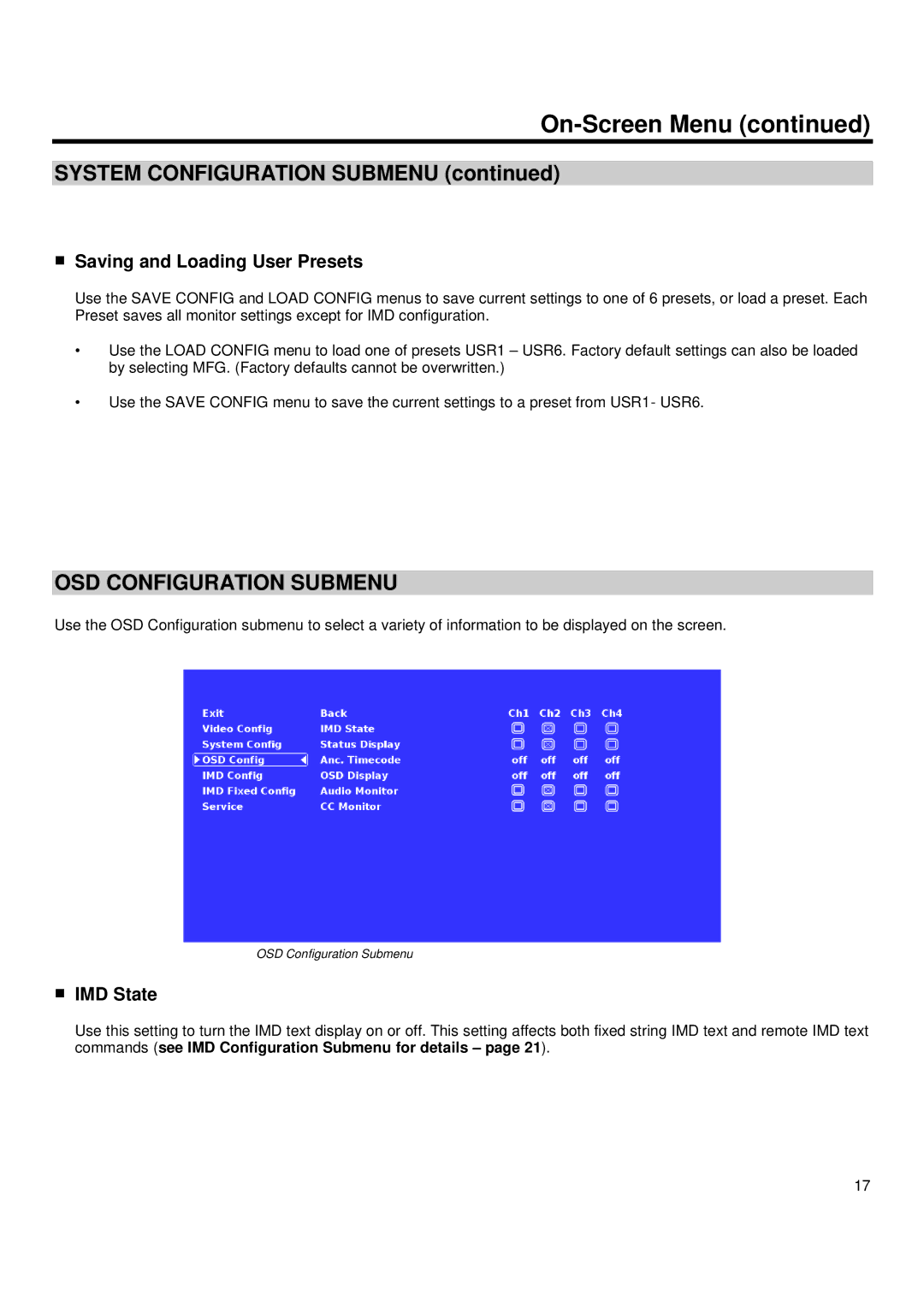 Marshall electronic QV171-HDSDI OSD Configuration Submenu, Saving and Loading User Presets, IMD State 