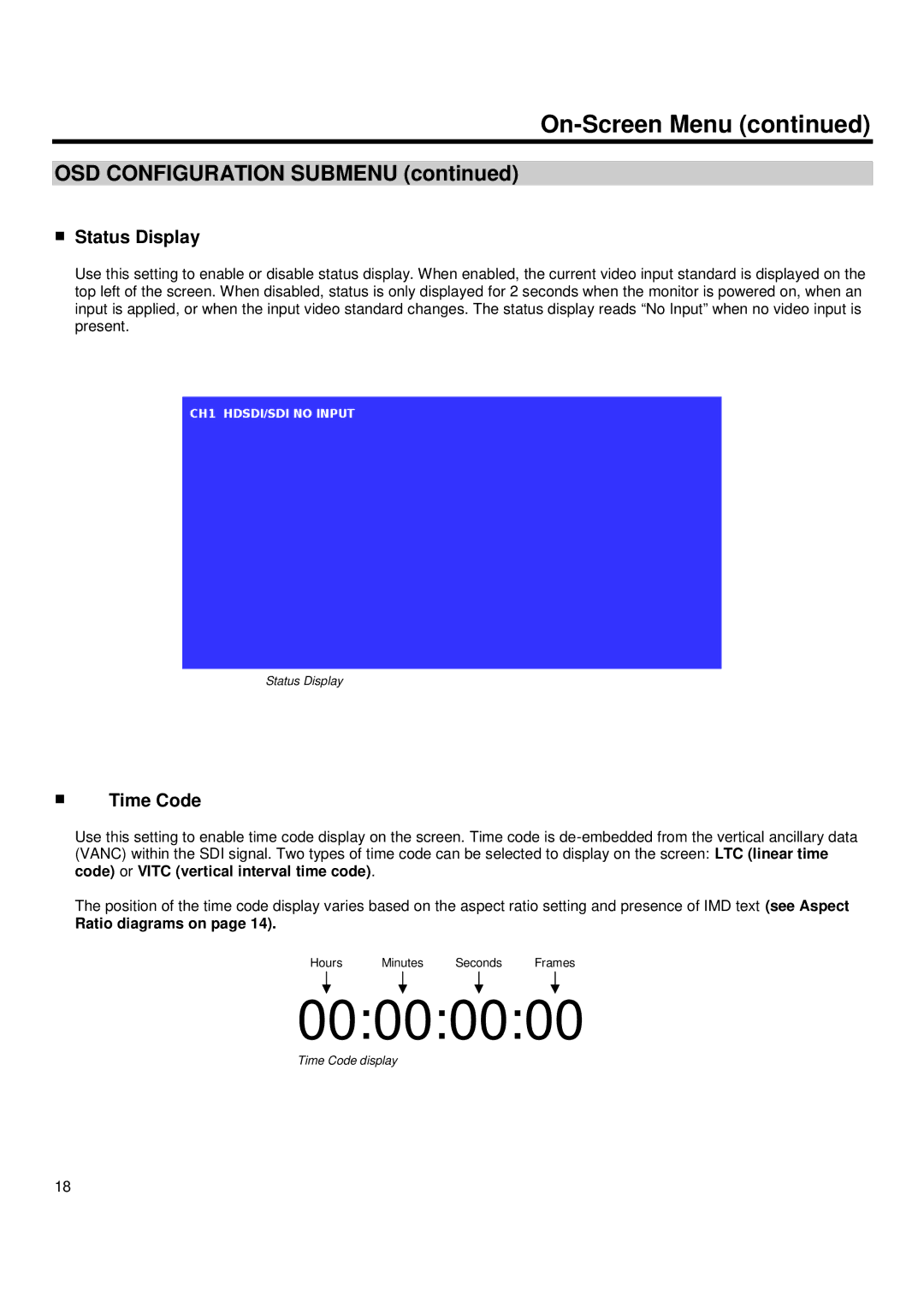 Marshall electronic QV171-HDSDI operating instructions Status Display, Time Code 