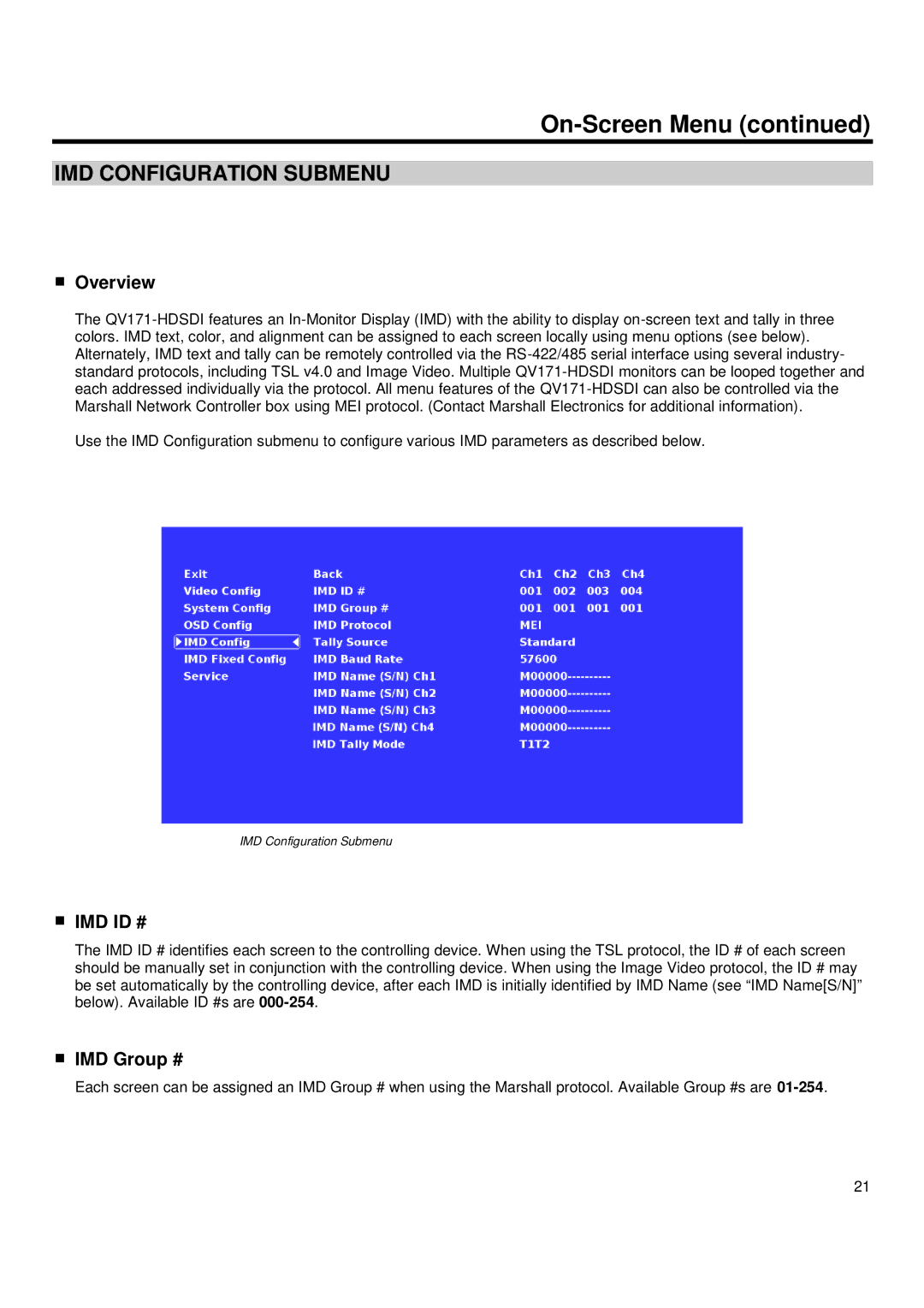 Marshall electronic QV171-HDSDI operating instructions IMD Configuration Submenu, Overview, Imd Id #, IMD Group # 