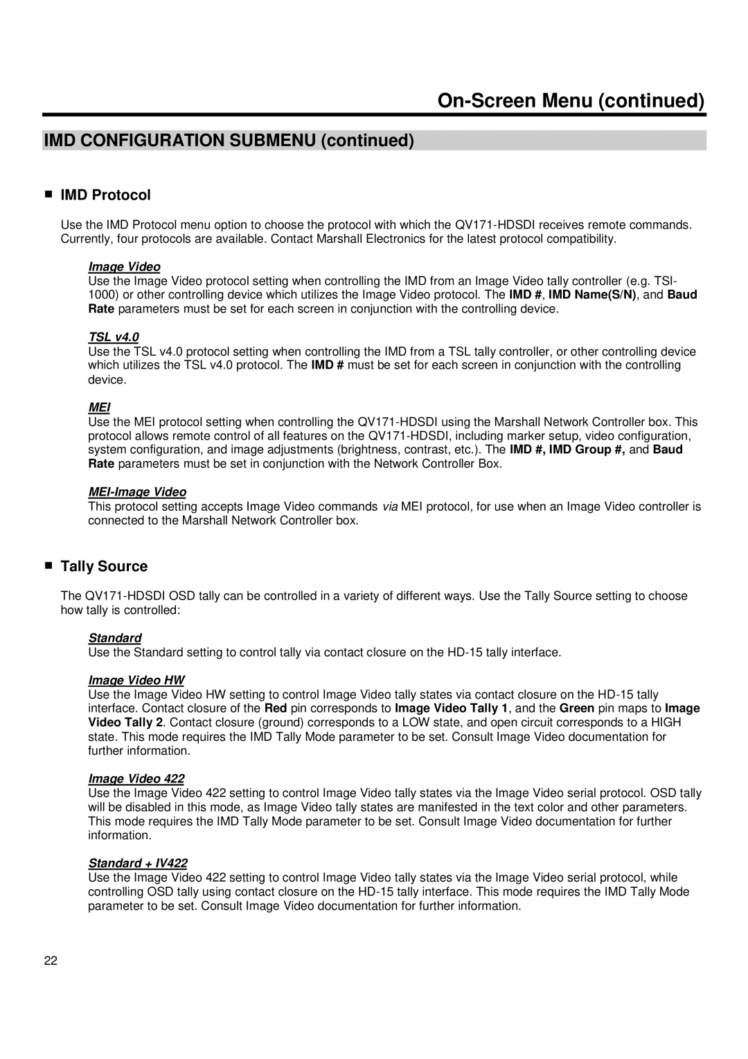 Marshall electronic QV171-HDSDI operating instructions IMD Protocol, Tally Source 