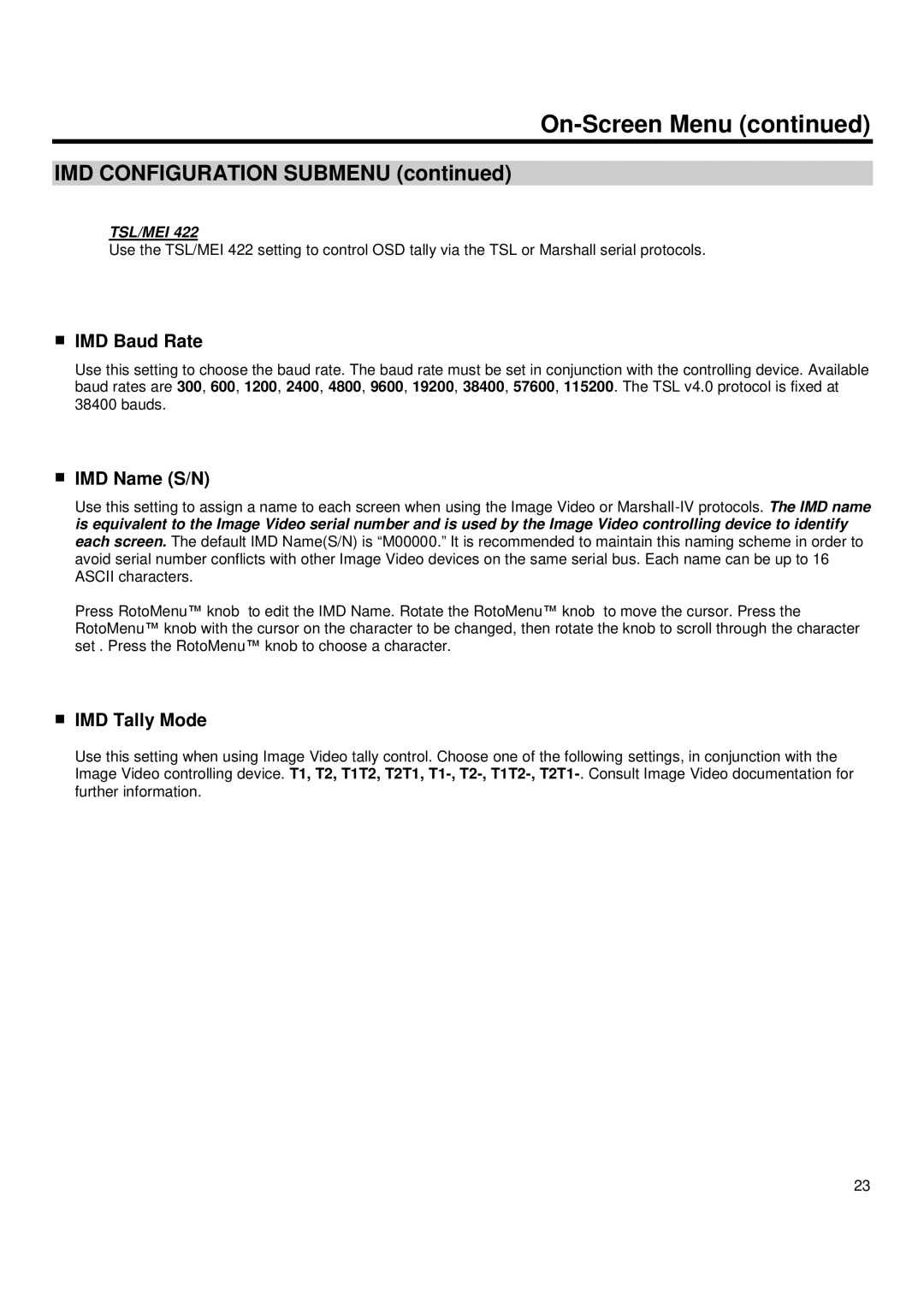 Marshall electronic QV171-HDSDI operating instructions IMD Baud Rate, IMD Name S/N, IMD Tally Mode 