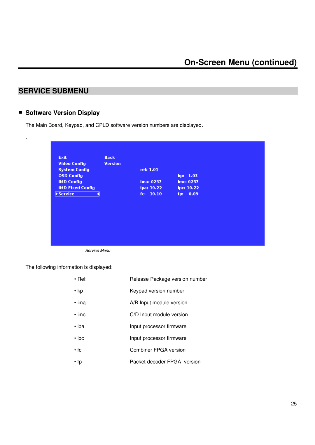 Marshall electronic QV171-HDSDI operating instructions Service Submenu, Software Version Display 