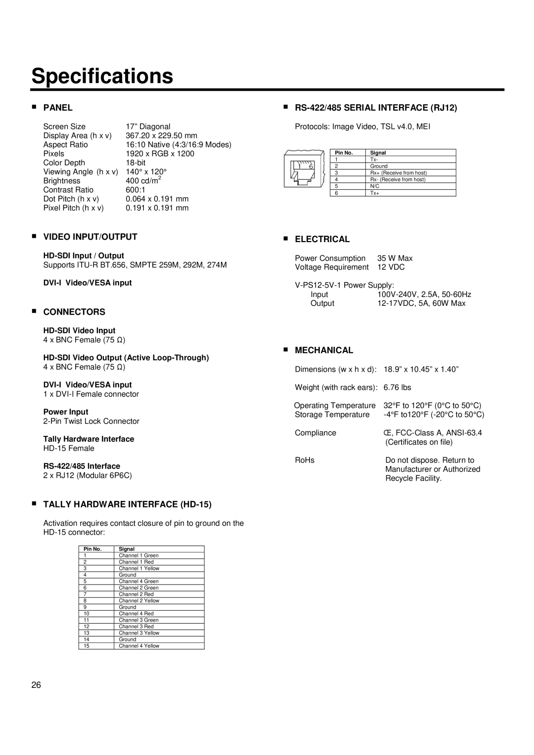 Marshall electronic QV171-HDSDI operating instructions Specifications, Panel 