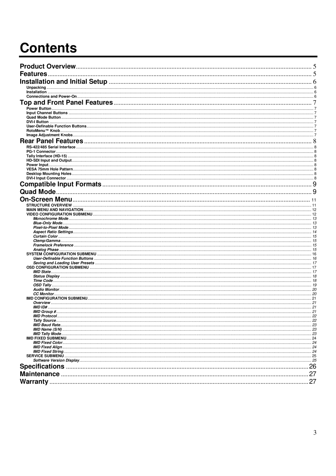 Marshall electronic QV171-HDSDI operating instructions Contents 