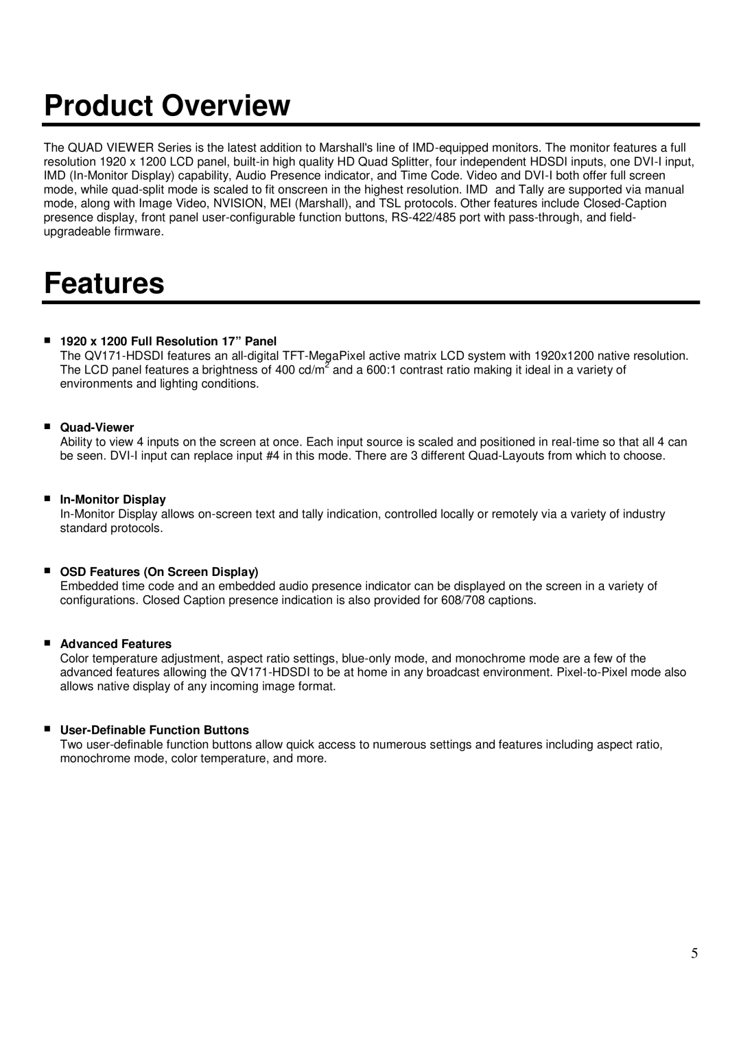 Marshall electronic QV171-HDSDI operating instructions Product Overview, Features 