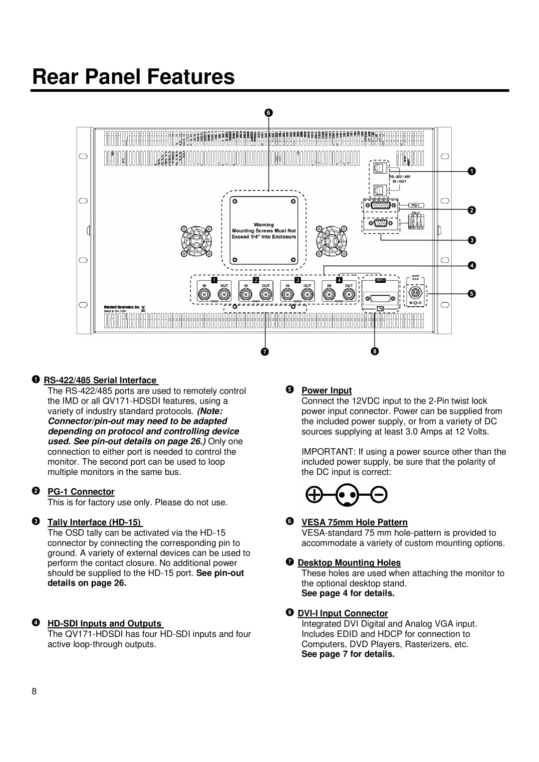 Marshall electronic QV171-HDSDI operating instructions Rear Panel Features, RS-422/485 Serial Interface 