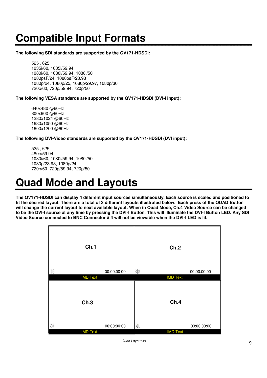 Marshall electronic QV171-HDSDI Compatible Input Formats, Quad Mode and Layouts, Ch.1 Ch.2, Ch.3 Ch.4 