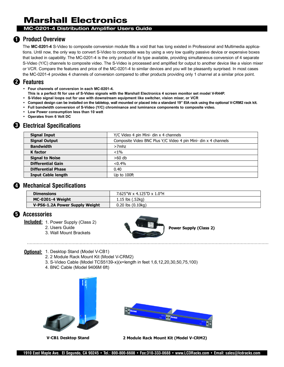 Marshall electronic V-CRM2 specifications Product Overview, Features, Electrical Specifications, Mechanical Specifications 