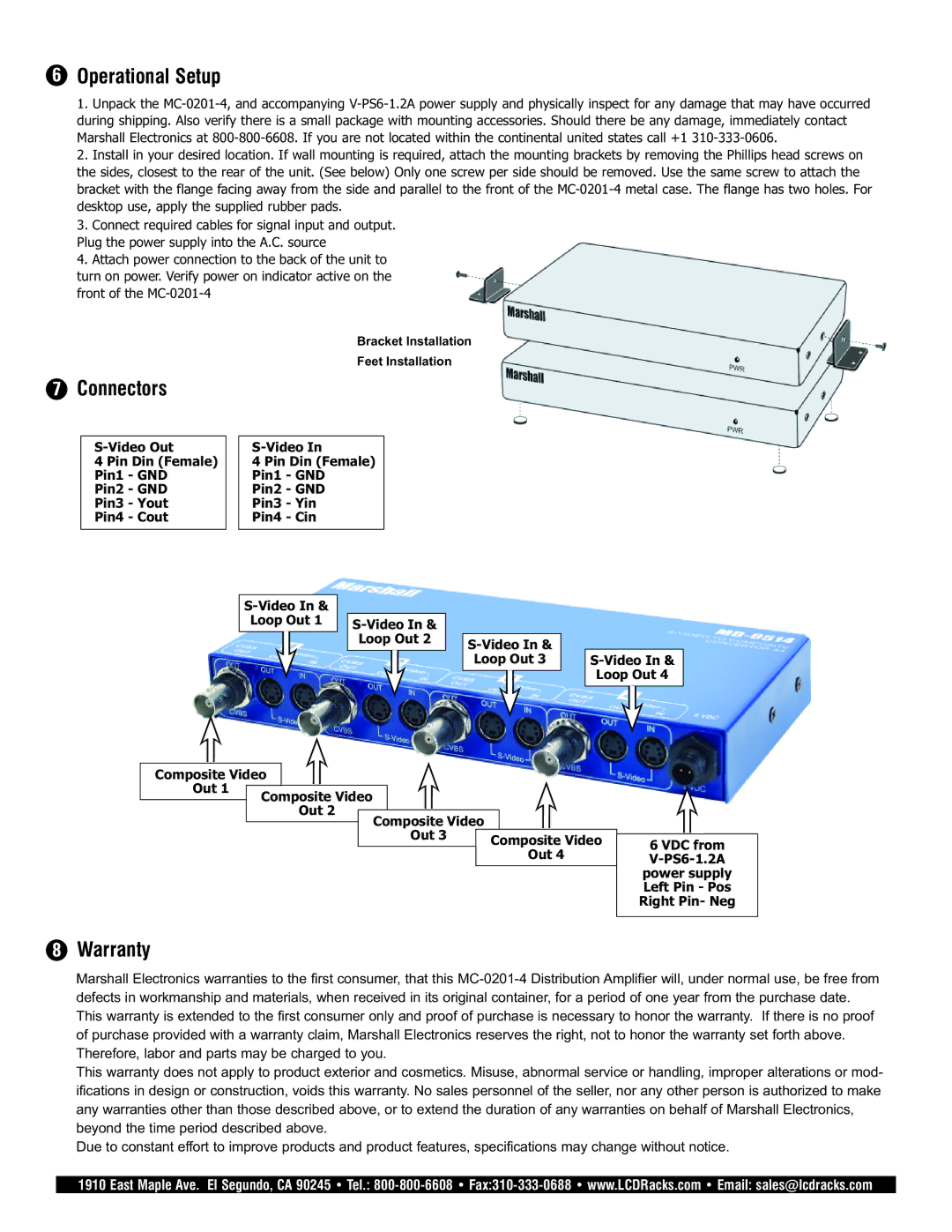 Marshall electronic MC-0201-4, V-CB1, V-CRM2, TCS5139-X, 9406M specifications Operational Setup, Connectors, Warranty 