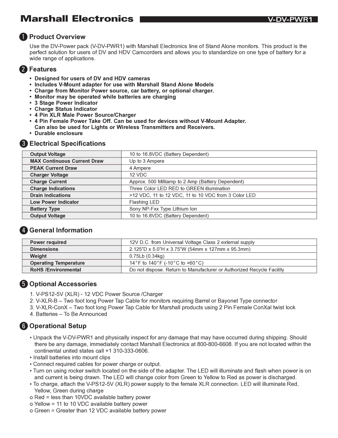 Marshall electronic V-DV-PWR1 specifications Product Overview, Features, Electrical Speciﬁcations, General Information 