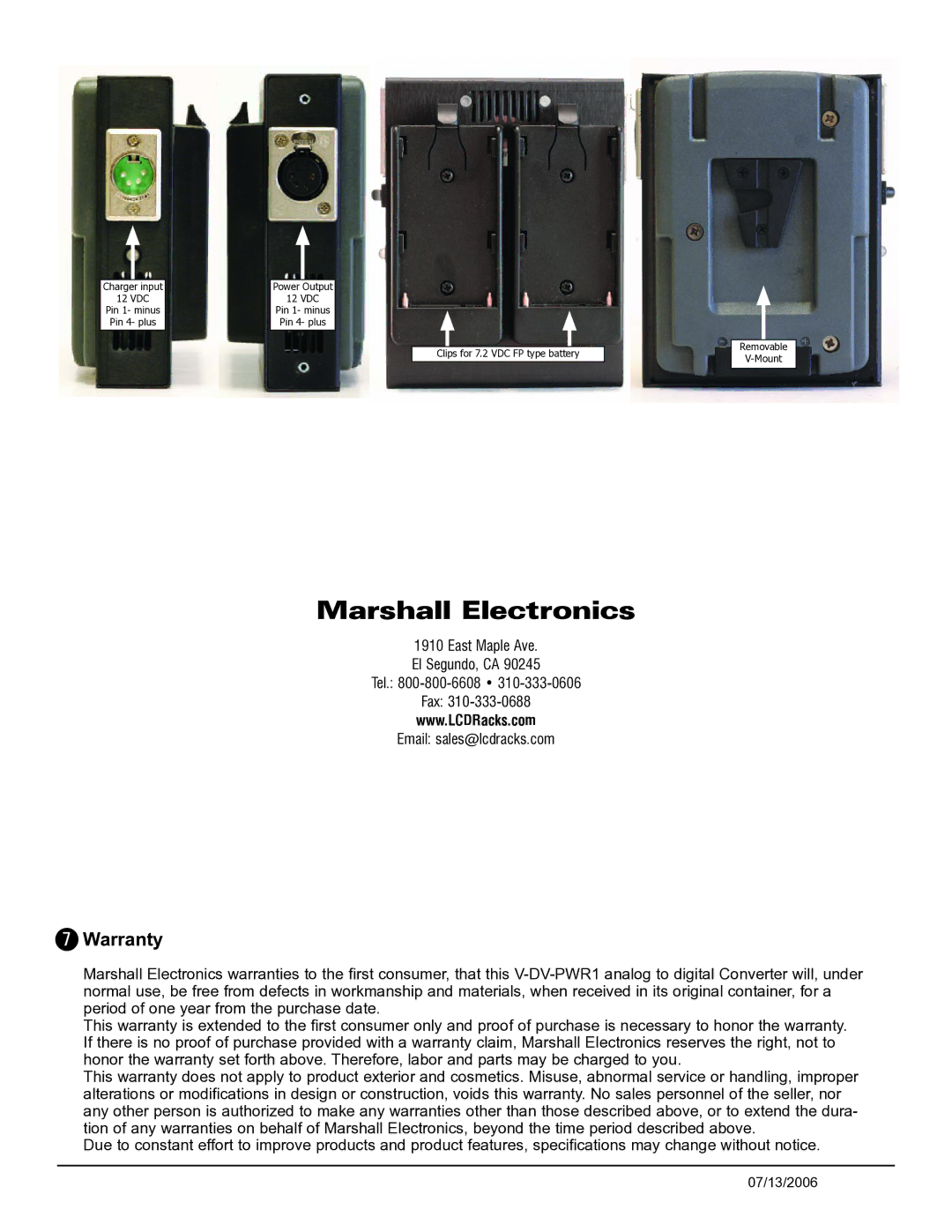 Marshall electronic V-DV-PWR1 specifications Marshall Electronics, Warranty 