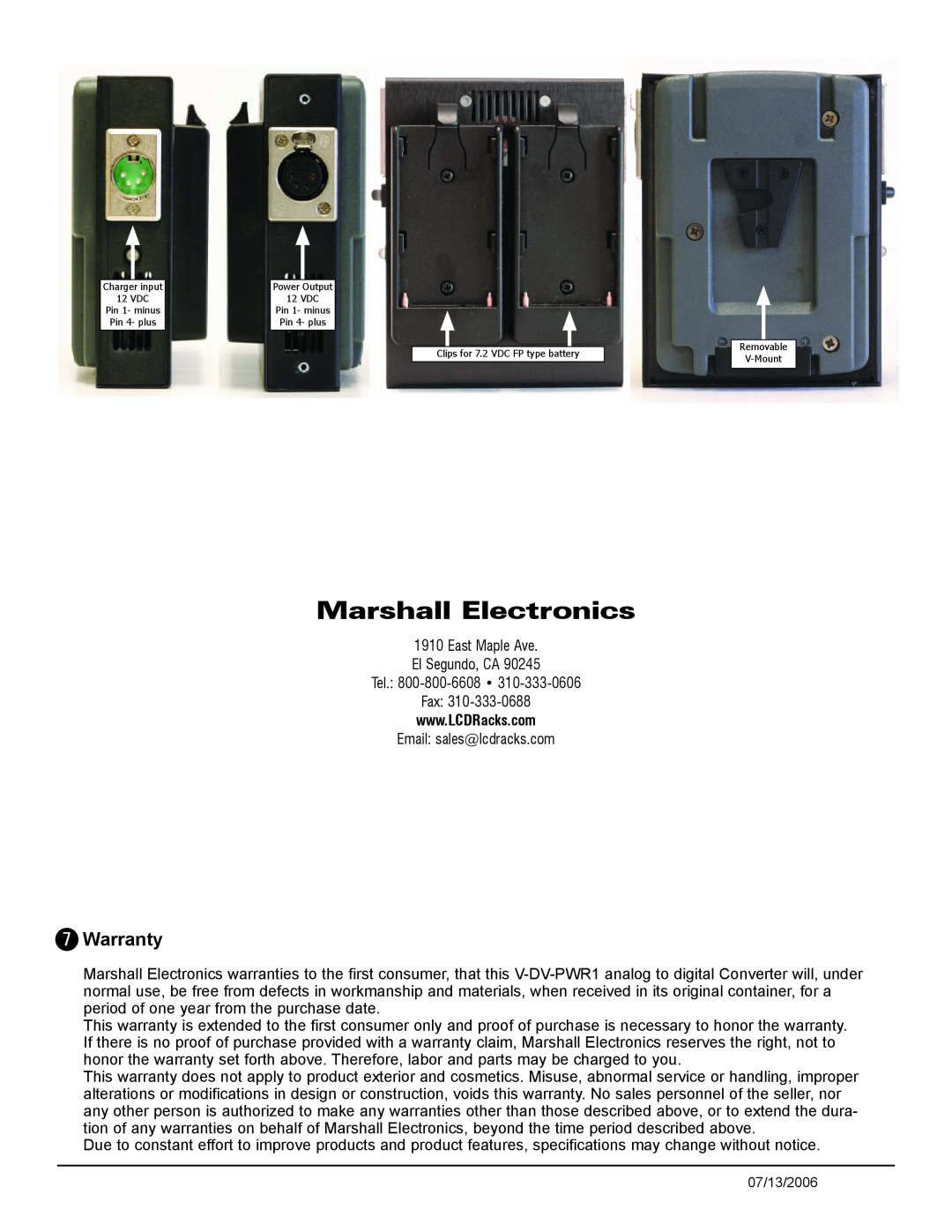 Marshall electronic V-DV-PWR1 specifications 7Warranty, Marshall Electronics 
