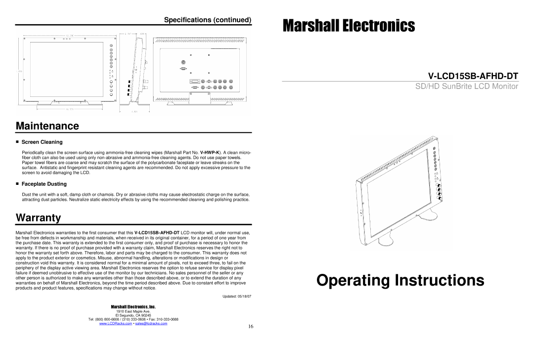 Marshall electronic V-LCD15SB-AFHD-DT specifications Maintenance, Warranty, Screen Cleaning, Faceplate Dusting 