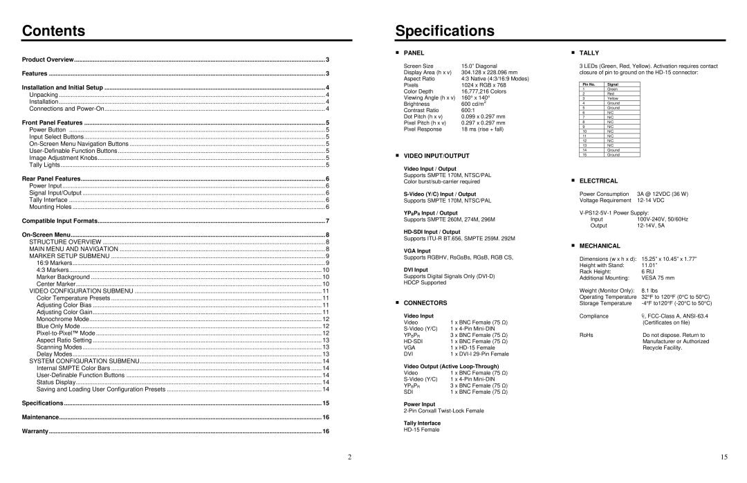 Marshall electronic V-LCD15SB-AFHD-DT specifications Contents, Specifications 