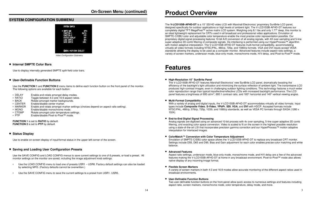 Marshall electronic V-LCD15SB-AFHD-DT specifications Product Overview, Features, System Configuration Submenu 