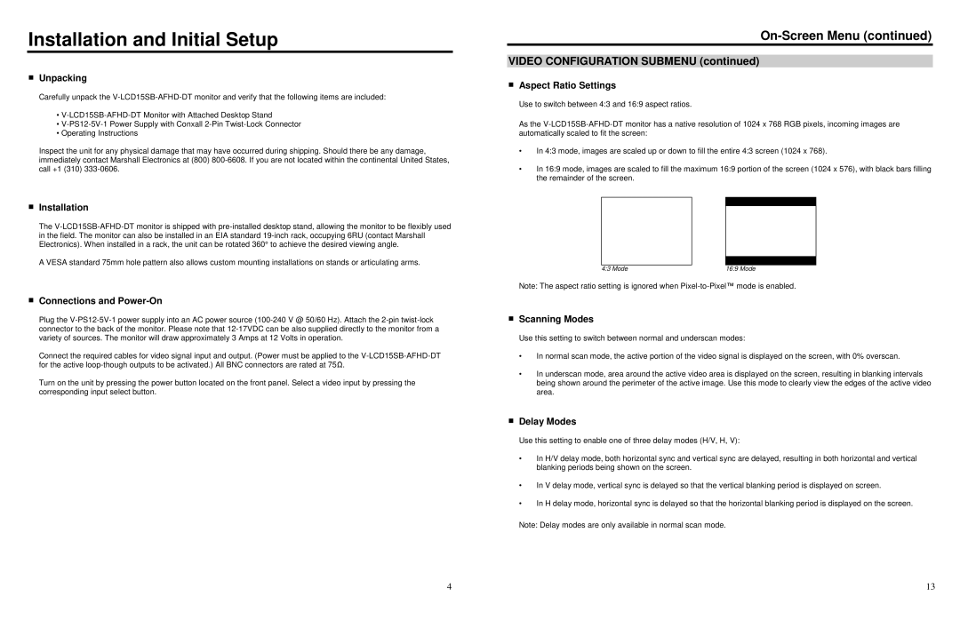 Marshall electronic V-LCD15SB-AFHD-DT specifications Installation and Initial Setup, Video Configuration Submenu 