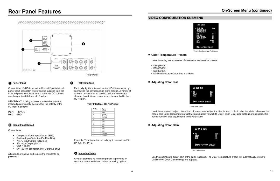 Marshall electronic V-LCD15SB-AFHD-DT Rear Panel Features, Video Configuration Submenu, Color Temperature Presets 