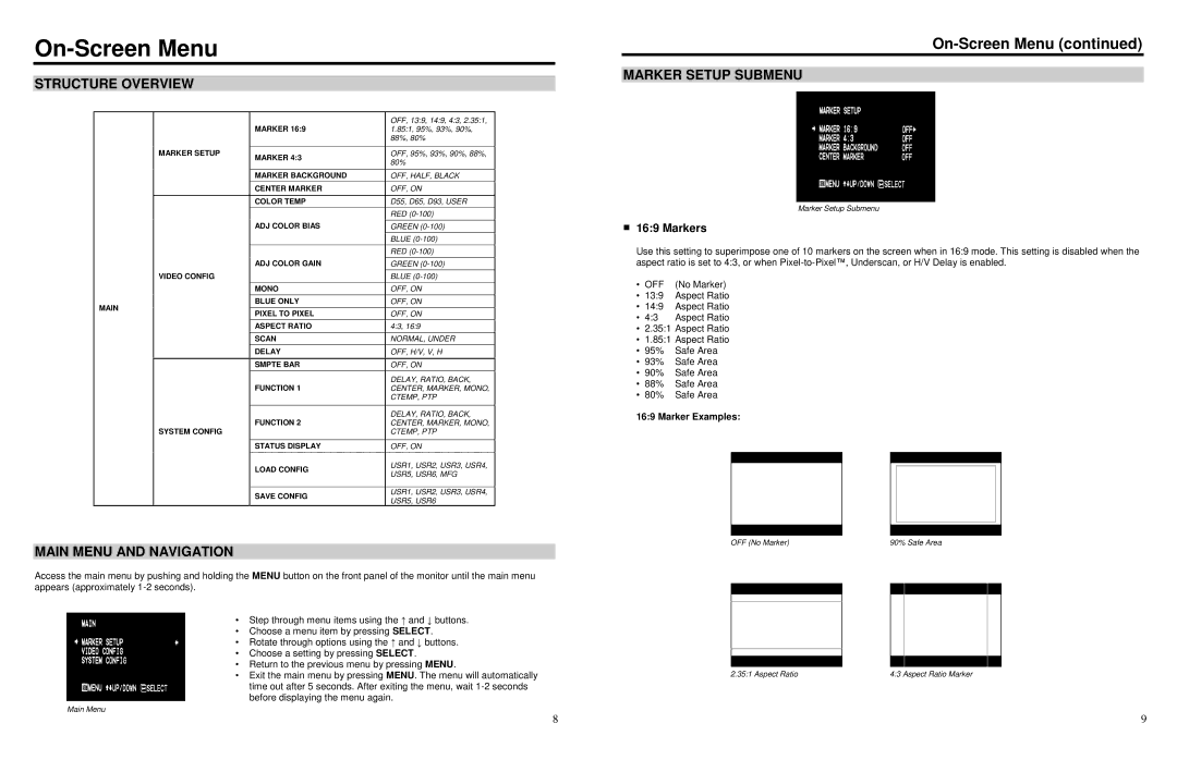 Marshall electronic V-LCD15SB-AFHD-DT On-Screen Menu, Structure Overview, Main Menu and Navigation, Marker Setup Submenu 