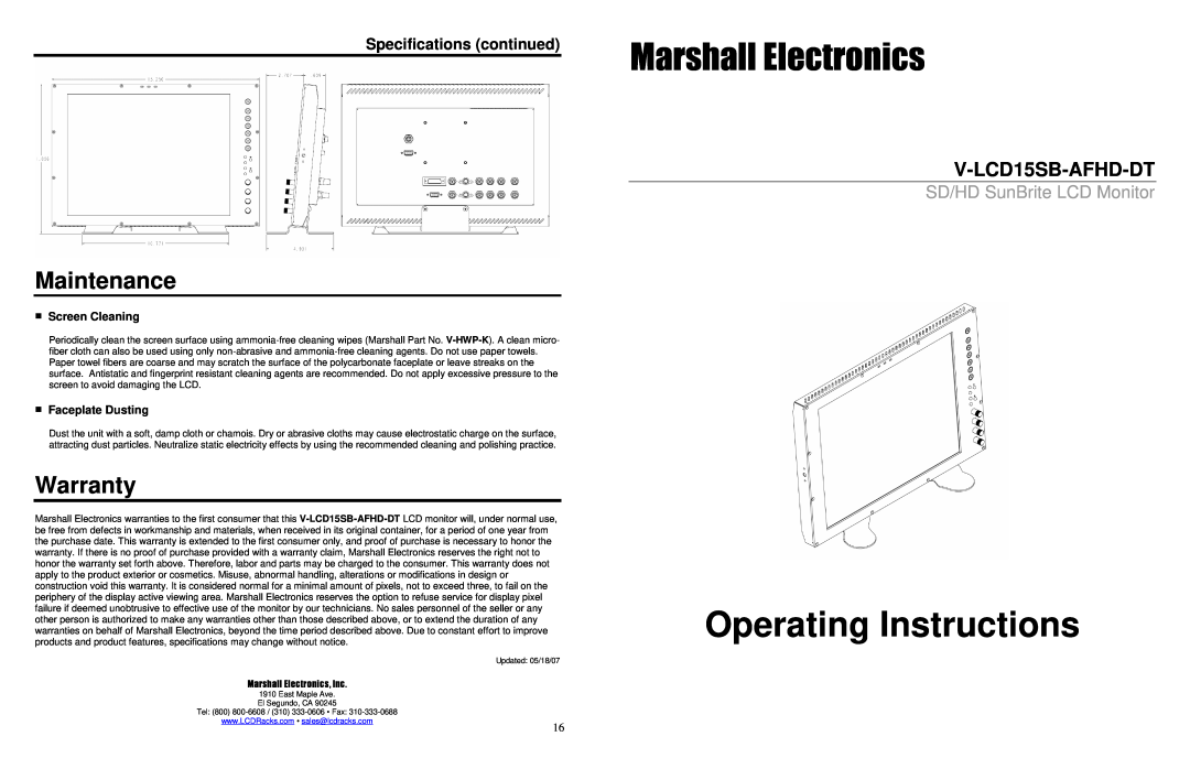 Marshall electronic V-LCD15SB-AFHD-DT specifications Maintenance, Warranty, Specifications continued, Screen Cleaning 