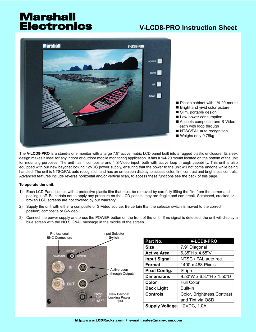 Marshall electronic instruction sheet Marshall Electronics, V-LCD8-PRO Instruction Sheet, Size, Active Area, Format 