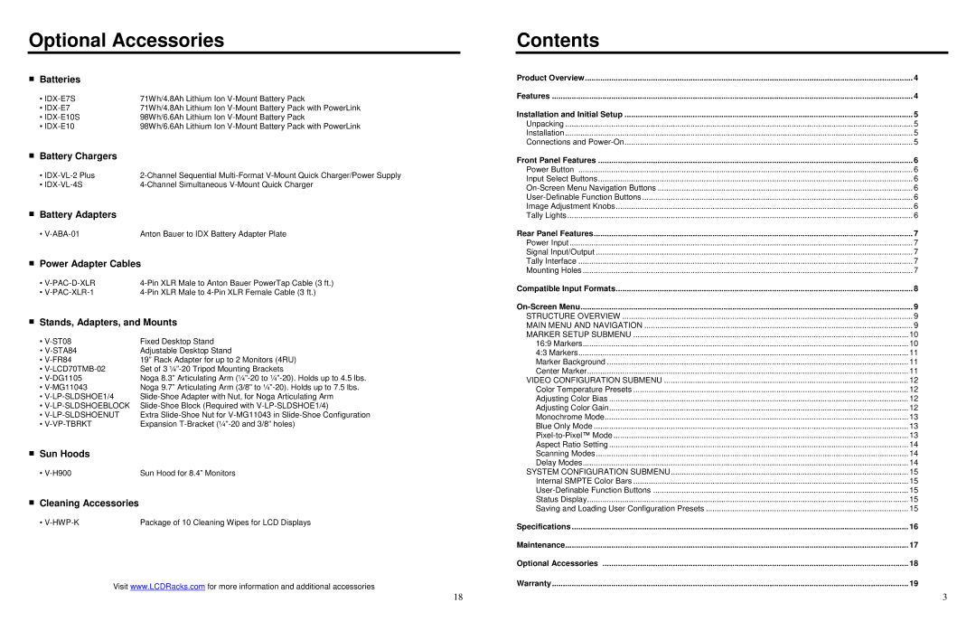 Marshall electronic V-LCD84SB-AFHD operating instructions Optional Accessories, Contents 