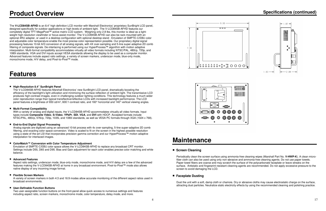 Marshall electronic V-LCD84SB-AFHD Product Overview, Features, Maintenance, Screen Cleaning, Faceplate Dusting 