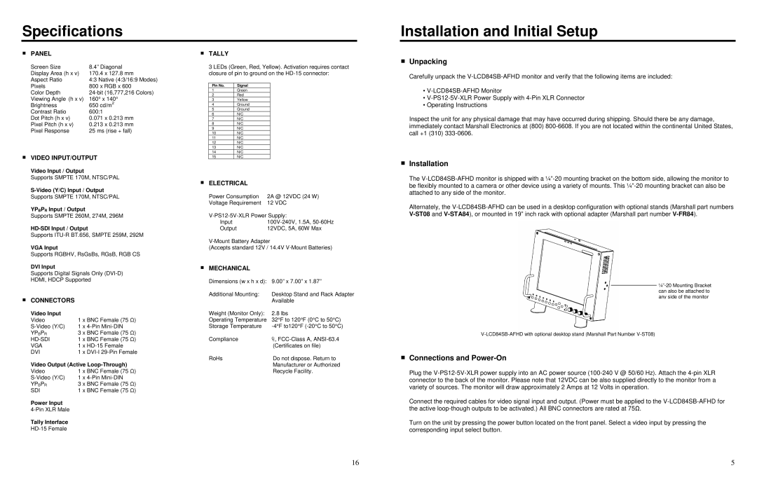 Marshall electronic V-LCD84SB-AFHD Specifications Installation and Initial Setup, Unpacking, Connections and Power-On 