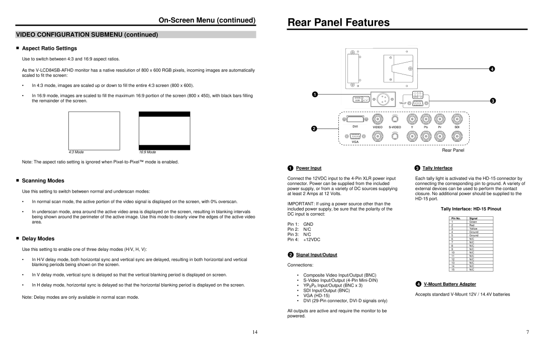 Marshall electronic V-LCD84SB-AFHD Rear Panel Features, Aspect Ratio Settings, Scanning Modes, Delay Modes 