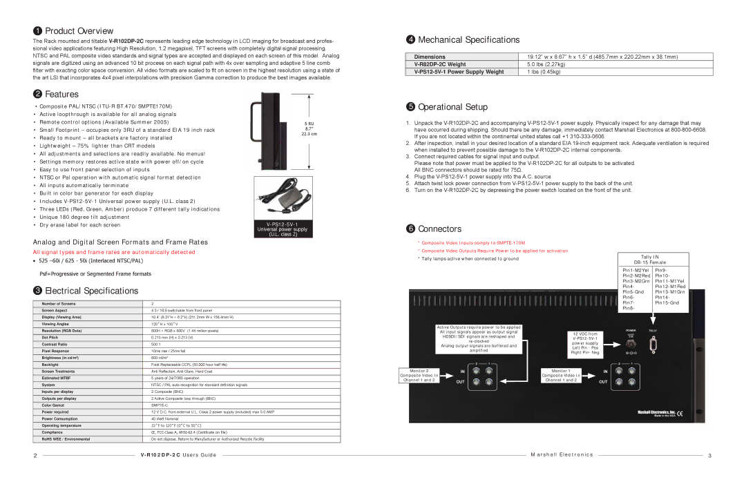 Marshall electronic V-R102DP-2C Product Overview, Mechanical Specifications, Features, Operational Setup, Connectors 