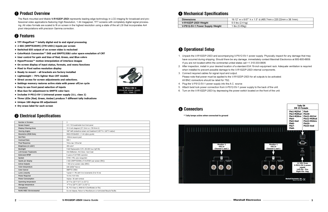 Marshall electronic V-R102DP-2SDI warranty Product Overview, Mechanical Specifications, Features, Operational Setup 