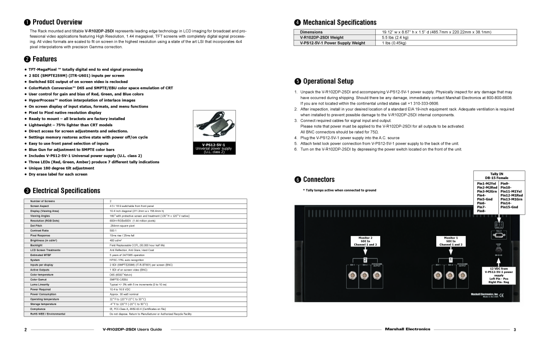 Marshall electronic V-R102DP-2SDI Product Overview, Mechanical Specifications, Features, Operational Setup, Connectors 
