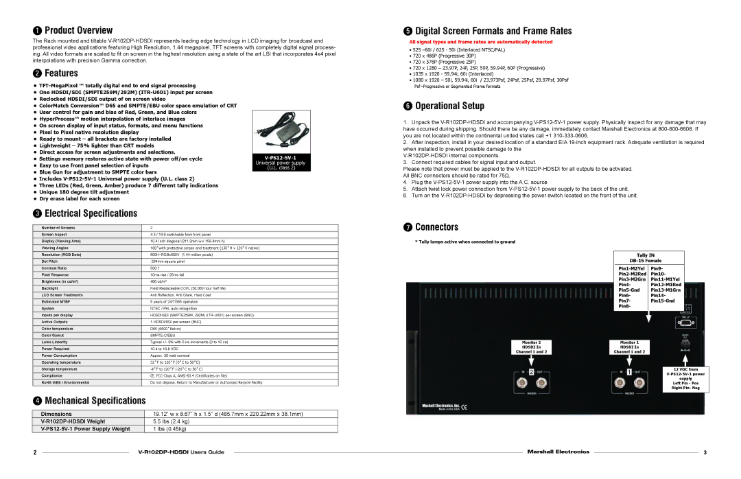 Marshall electronic V-R102DP-HDSDI Product Overview, Digital Screen Formats and Frame Rates, Features, Operational Setup 