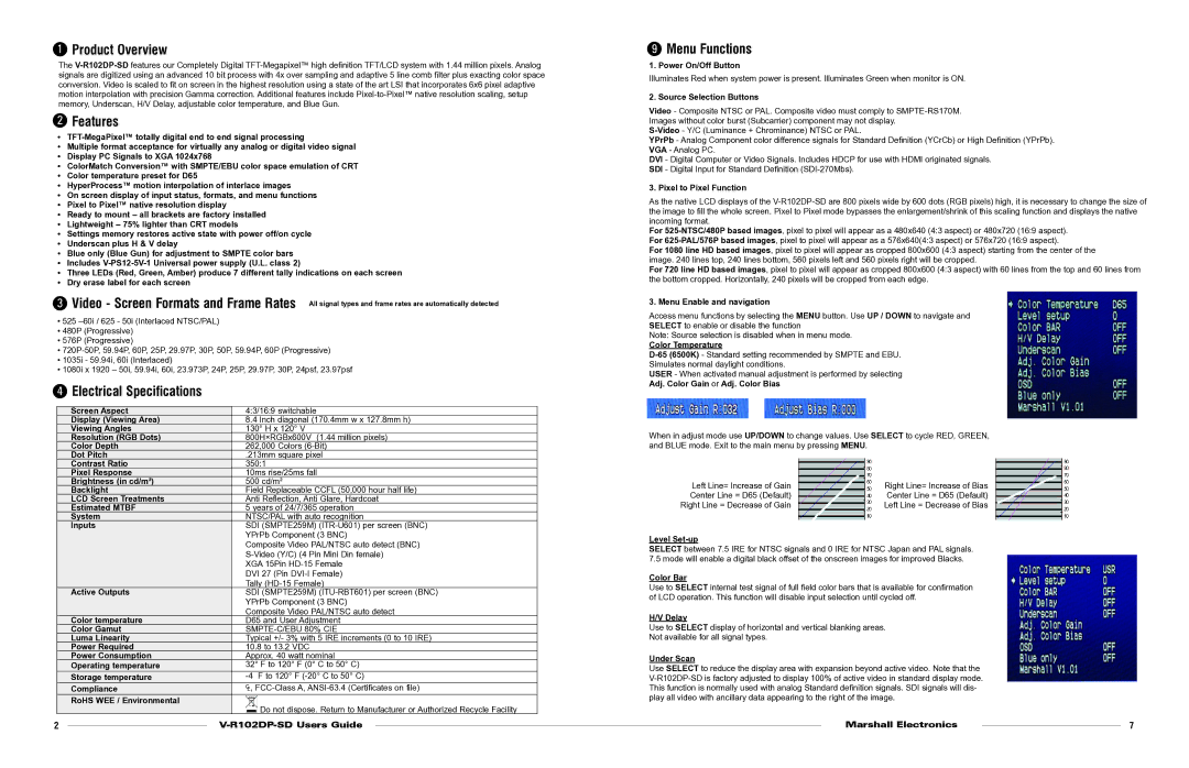 Marshall electronic V-R102DP-SD warranty Product Overview, Features, Electrical Specifications, Menu Functions 