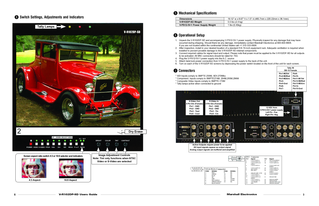 Marshall electronic V-R102DP-SD Switch Settings, Adjustments and Indicators, Mechanical Specifications, Operational Setup 