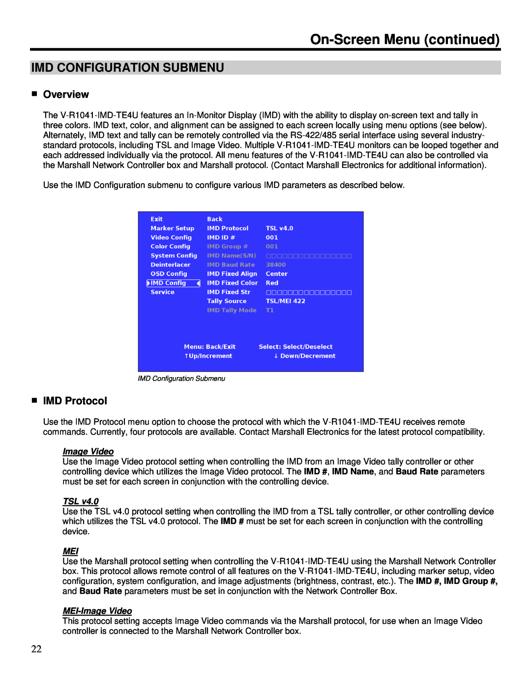 Marshall electronic V-R1041-IMD-TE4U Imd Configuration Submenu, Overview, IMD Protocol, MEI-Image Video 