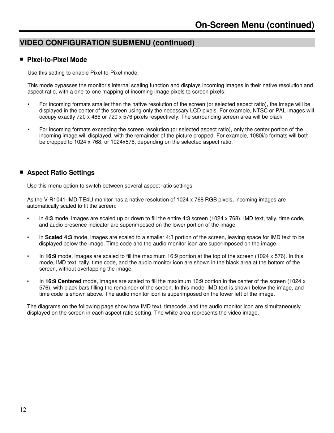 Marshall electronic V-R1041-IMD-TE4U Video Configuration Submenu, Pixel-to-Pixel Mode, Aspect Ratio Settings 